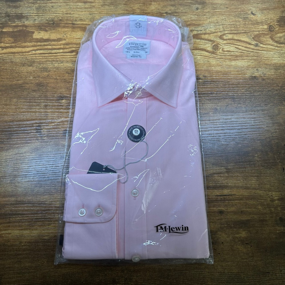 TM Lewin Mens Pink Non-Iron Regular Fit Dress Shirt 16.5 36 Two-Fold Cotton NEW